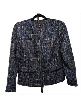 Talbots Black, Teal and Cream Collarless Snap Front Tweed Jacket Size 2P